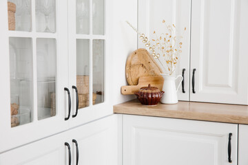 Details of white kitchen in Scandinavian style, home decor.