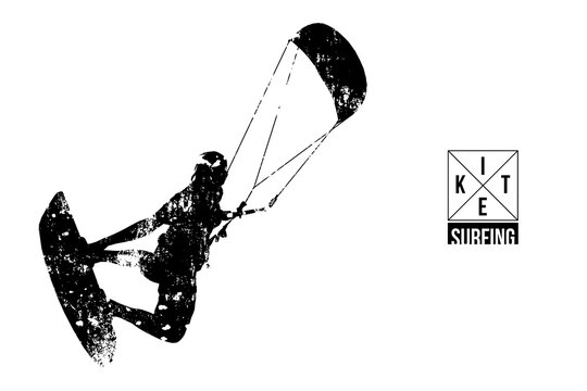 Kitesurfing and kiteboarding. Silhouette of a kitesurfer. Man in a jump performs a trick. Big air competition. Vector illustration. Thanks for watching