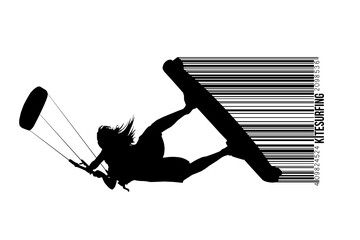 Kitesurfing and kiteboarding. Silhouette of a kitesurfer. Woman in a jump performs a trick. Big air competition. Vector illustration. Thanks for watching