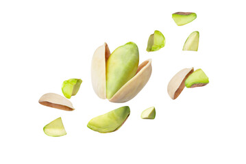 pistachio piece spread on the air  isolated on white background clipping path, full depth of field