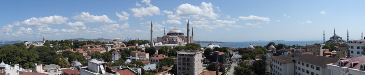 PANORAMIC VIEW OF HAGIA SOPHIA, BLUE MOSQUE AND TOPKAPI PALACE. TURKEY, ISTANBUL.