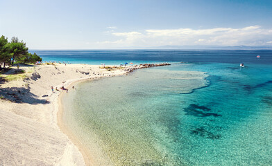 Drone view at empty beautiful coast in Greece, Halkidiki Peninsula