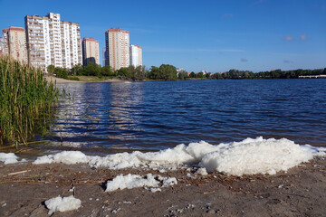 Foam on the shore of a city lake