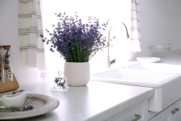 Beautiful lavender flowers on countertop near sink in kitchen