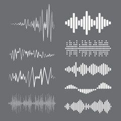 Collection white music wave on grey background. Set of isolated audio logos, pulse players, equalizer symbols sound design elements. Jpeg illustration