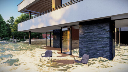 Naklejka premium flooded road during a flood caused by heavy rain 3d rendering