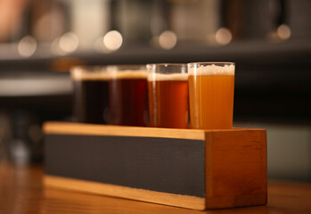 Fototapeta na wymiar Beer tasting set on wooden bar counter