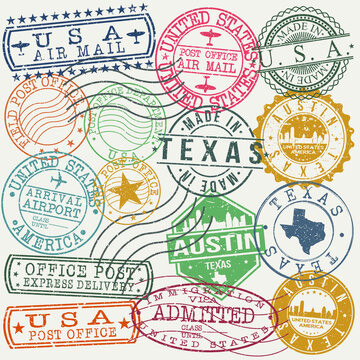 Austin Texas. Stamp. Vector Art. Postal Passport. Travel Design Set. Postage.