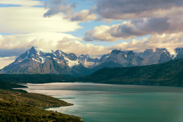 Naklejka na ściany i meble View of Torres del Paine mountains over the Pehoe lake