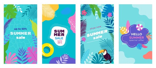 Summer Sale Social Media Stories background Banner Templates set with tropical leaves, plumeria, monstera, sand umbrella, toucan, pool floats, pool background. Template for for flyer, web and print.