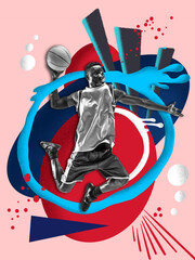 Young male basketball player with colourful art drawings in comics style. Creative modern artwork, contemporary art. Clothes with bright elements. Youth, creativity, inspiration, sport and motion.