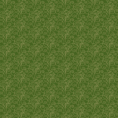 Seamless golden pattern on separated green background. Interlacing tiny lines, vignettes. Sample is added to swatch panel. 