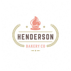 Bakery badge or label retro vector illustration cupcake and wheat silhouettes for bakehouse.