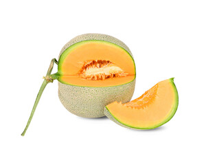 whole and cut ripe muskmelon with stem on white background