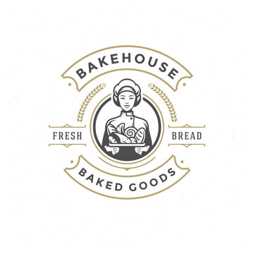 Bakery badge or label retro vector illustration baker woman holding basket with bread silhouette for bakehouse.