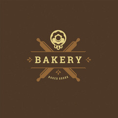 Bakery badge or label retro vector illustration rolling pins and donut silhouettes for bakehouse.