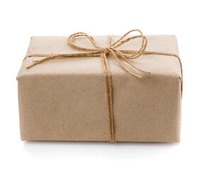 Kraft box with burlap thread on a white background.