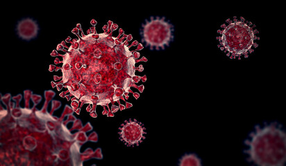 Coronavirus COVID-19 microscopic virus corona virus disease 3d illustration. 3D rendering of virus on black background