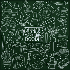 Cannabis Drug. Chalkboard Doodle Icons. Sketch Hand Made Design Vector Art.