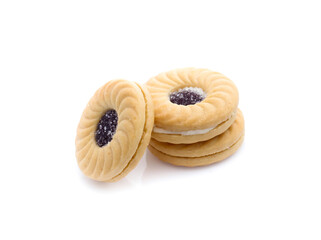 Jam sandwich biscuit from above isolated on white