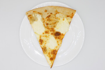 White Cheese Pizza Slice on a White Plate with a White Background