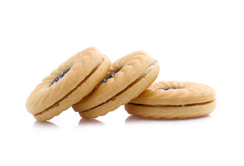 Jam sandwich biscuit from above isolated on white