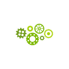 Gears icon isolated on white background. Combination of pinions of bright green colors.