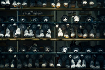 grey teddy bear display on shelves in the retail shop