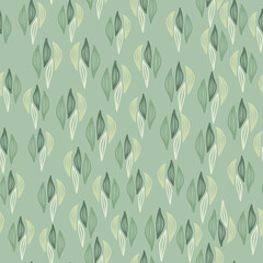 Doodle spring seamless pattern with outline leaves on pastel green background.