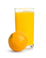 Fresh orange juice in glass or bottle with fruits, isolated on white