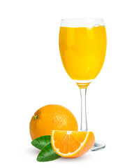 Fresh orange juice in glass or bottle with fruits, isolated on white