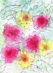 Abstract loose pink, red and yellow watercolor flowers painting