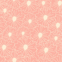 Outline contoured daisy seamless pattern. White daisies on pastel light pink background.