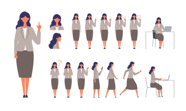 Set of businesswoman characters in different poses. Working, standing, walking, sitting and running.