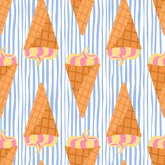 Bright food seamless pattern with ice cream in waffle cone. White background with blue strips.