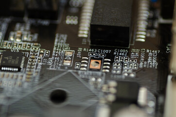 Closeup shot image of electronic circuit board. Shallow depth of field and selective focus