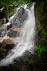 Waterfall stream flowing in the tropical rainforest and moss covering the stone. selective focus shot