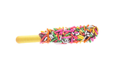 Biscuit stick bread with sweet colorful chocolate isolated on white background