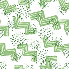 Seamless pattern with green zigzag elements and splashes. White background.