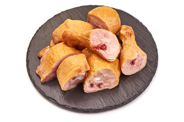 Smoked chicken drumsticks, isolated on white background