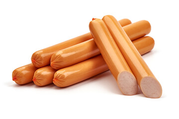 Boiled sausages in the polymer shell, isolated on white background