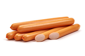 Boiled sausages in the polymer shell, isolated on white background