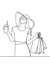 Drawing line, Young women walking and shopping