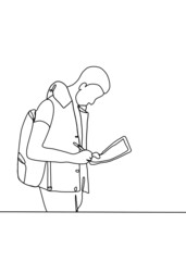 continuous line drawing, man is waiting to go on a trip. 