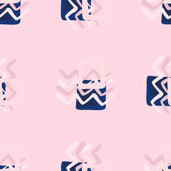 Pink and blue abstract elements on light pink background. Seamless pattern. Vector illustration. Print for kids clothes, wrapping paper, wallpaper, textile.
