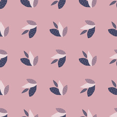 Spinning leafs with purple and light tones seamless pattern. Lilac background. Spring wallpaper. Designed for textile, wrapping paper, wallpaper, fabric print. Vector illustration.