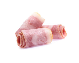Fresh sliced bacon on white background