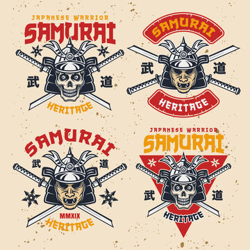Samurai set of four vector colorful retro emblems