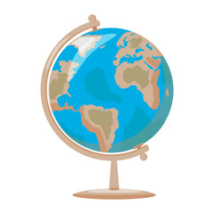School globe in flat style isolated on white background. Globe geography map world icon. School supplies. Vector simple cartoon illustration. Back to school. Education Study Concept. 
