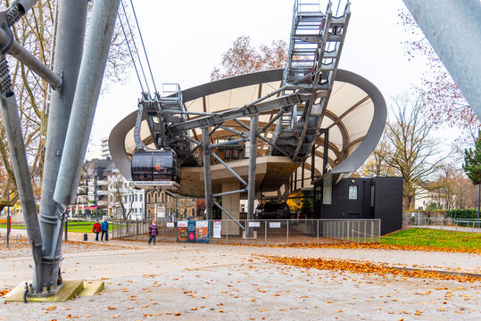 KOBLENZ, GERMANY - DECEMBER 02, 2019: Modern Lower station of cable car in Koblenz, German: Seilbahn Koblenz. Connects Rhine riverbank and Ehrenbreitstein Fortress